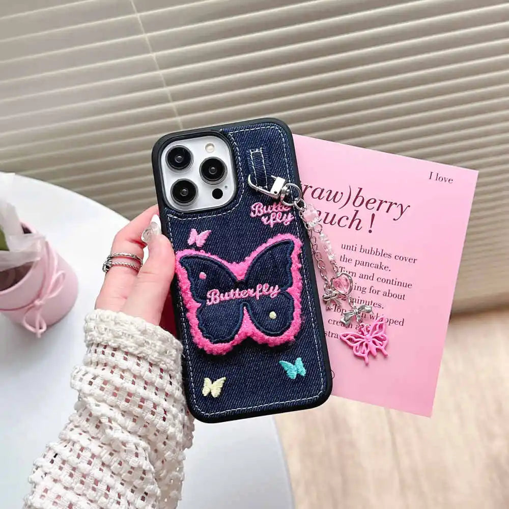 iPhone 15 Series Butterfly Jeans Pendant Case