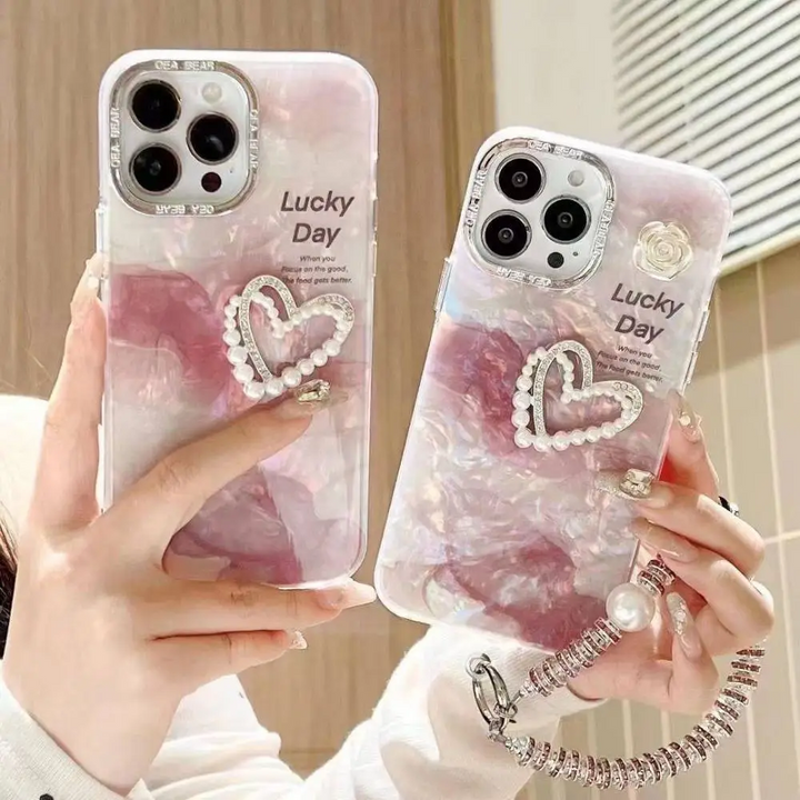 Pink Heart Marble Case With Pendant Charm - iPhone