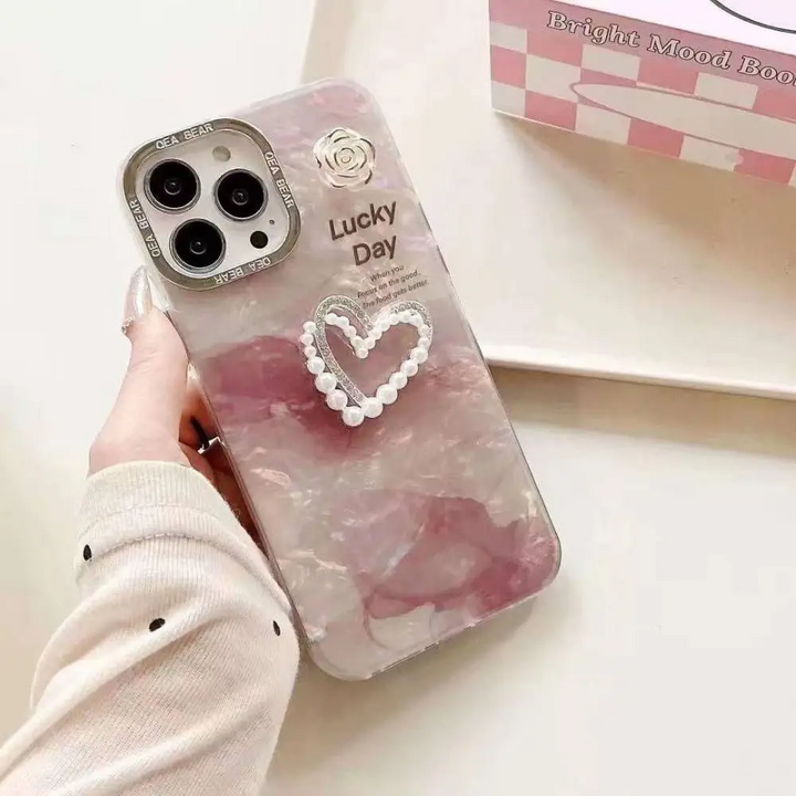 Pink Heart Marble Case With Pendant Charm - iPhone