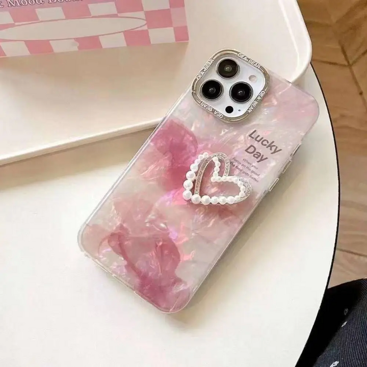 Pink Heart Marble Case With Pendant Charm - iPhone