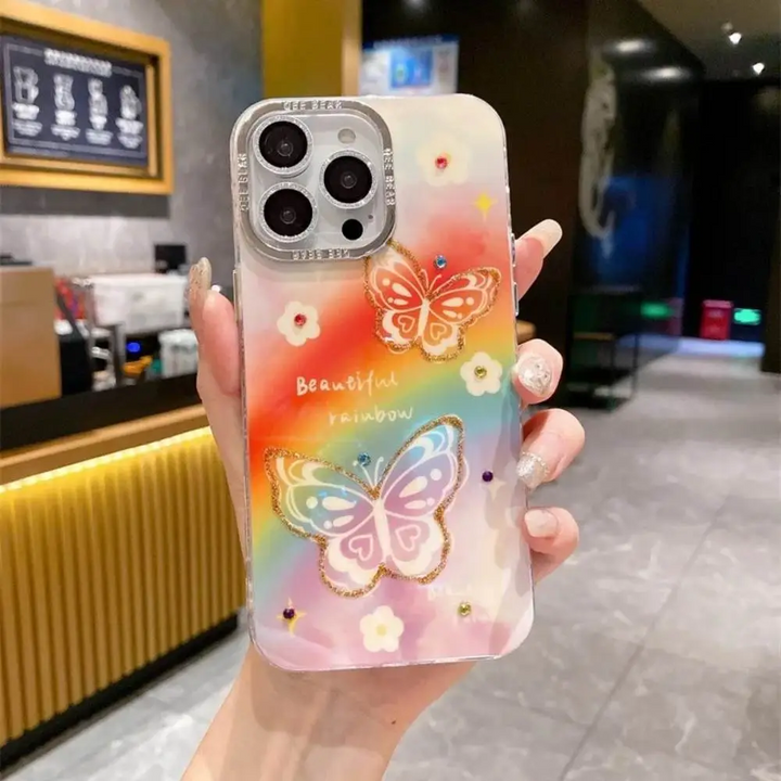 Holographic Beautiful Butterfly Rainbow Case With Diamond Camera Rings - iPhone