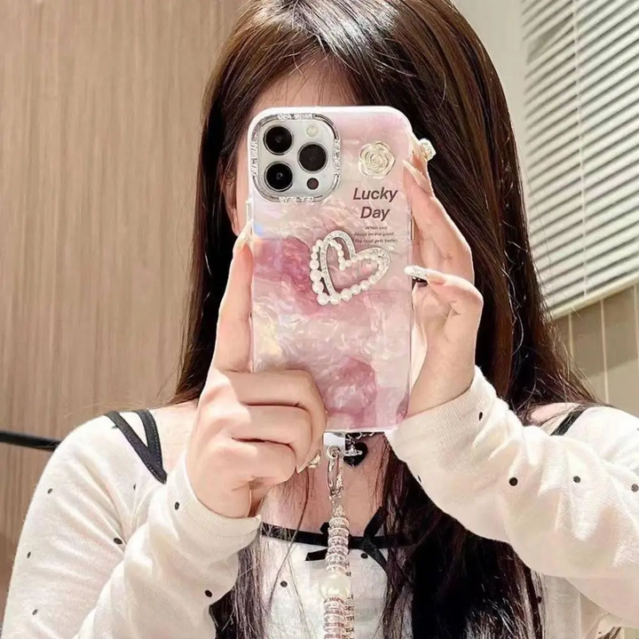 Pink Heart Marble Case With Pendant Charm - iPhone