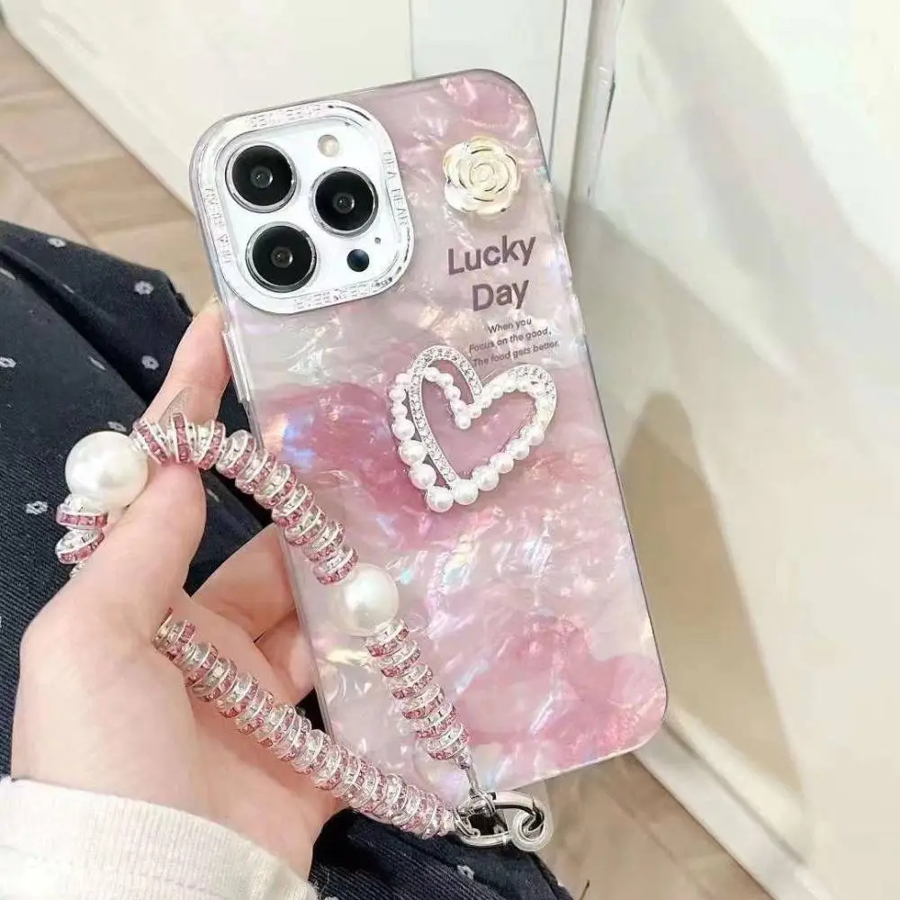 Pink Heart Marble Case With Pendant Charm - iPhone