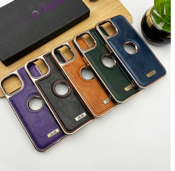 Luxury PU Leather Chrome Plated Logo Cut Case - iPhone