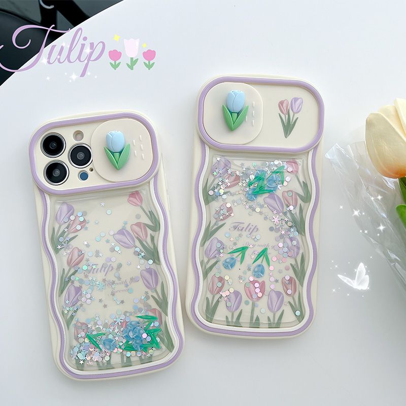 Floral Slider With Glitter Falling Case - iPhone
