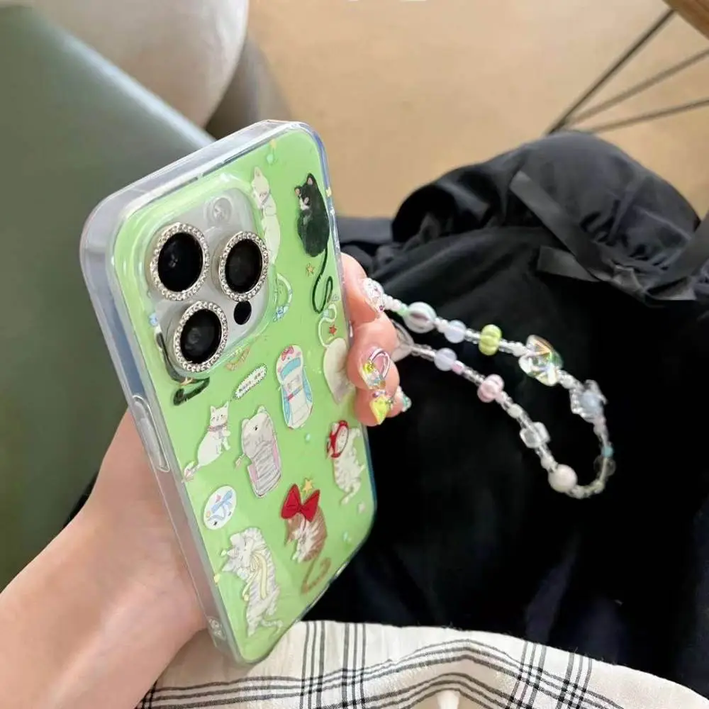 Beaded Strap Cats Case With Charm - iPhone