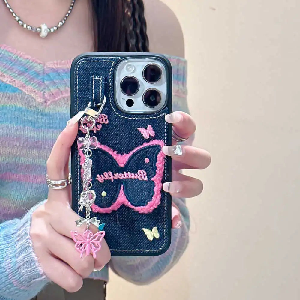 iPhone 15 Series Butterfly Jeans Pendant Case